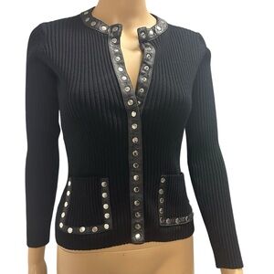 One Girl Who Black Genuine Leather Trim Ribbed Snap Button Up Cardigan Top Small